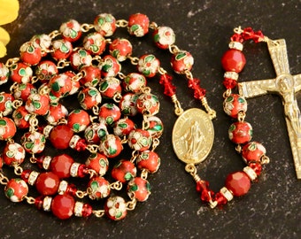 Catholic LARGE BEAD Red Cloisonné and Swarovski Crystal Rosary in Gold