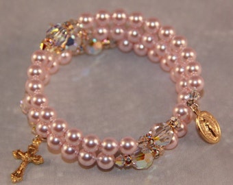 Catholic Swarovski Crystal and Pearl Wrap Rosary Bracelet