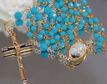 Catholic SMALL Bead Baptism Rosary in Turquoise Swarovski Crystal and Gold