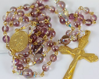 Catholic Swarovski Crystal Lilac Shadow Rosary in Gold