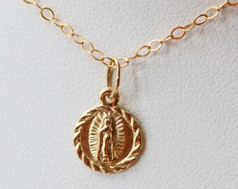 14K Gold Filled Miraculous Medal Necklace, 18" 1.2mm Ball Chain or 16" Flat Cable Chain