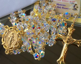 Catholic Swarovski AB Crystal Rosary in Gold
