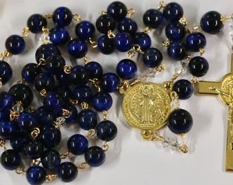 Catholic LARGE BEAD Grade AA Lapis Lazuli Blue Tiger Eye St Benedict Rosary in Gold