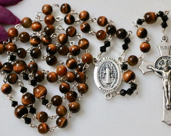 Catholic Yellow Tiger Eye St Benedict Rosary in Silver