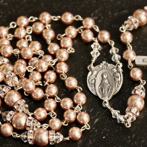 Catholic Swarovski Rose Gold Pearl Rosary in Silver