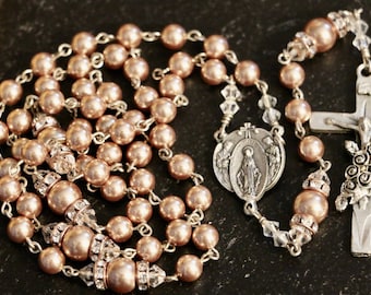 Catholic Swarovski Rose Gold Pearl Rosary in Silver