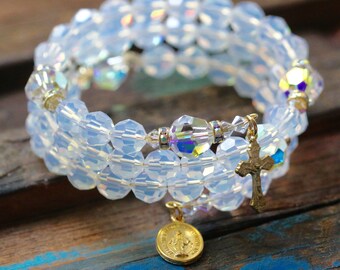 Swarovski LARGE BEAD White Opal Wrap Rosary Bracelet, AB Crystal and Gold