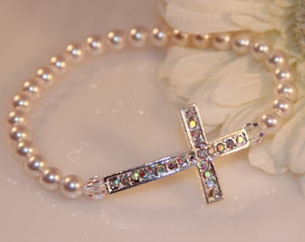 Swarovski Pearl and Rhinestone Sideways Cross Bracelet