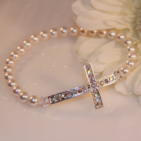 Swarovski Pearl and Rhinestone Sideways Cross Bracelet