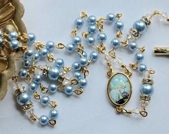 Catholic SMALL Bead Swarovski Baby Blue Pearl Baptism Rosary in Gold