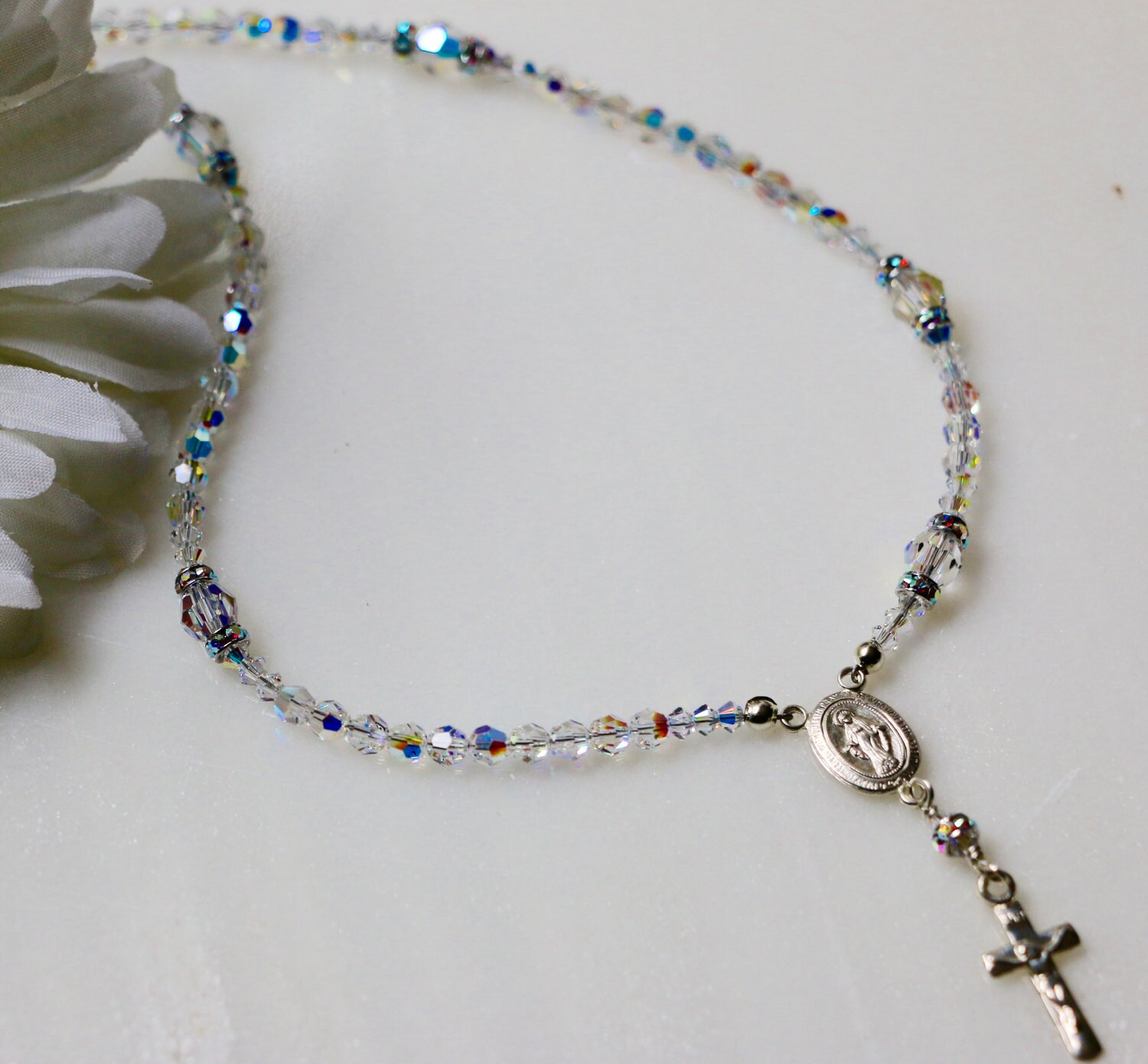 Swarovski AB Crystal Catholic Rosary Necklace in Sterling Silver