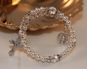 Baby Catholic Swarovski Crystal and Pearl Wrap Rosary Bracelet