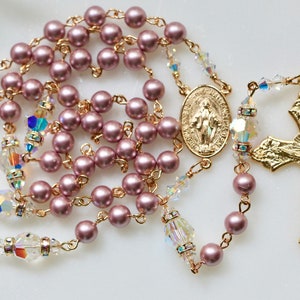 Catholic Swarovski Crystal Powder Rose Pearl Rosary in Gold