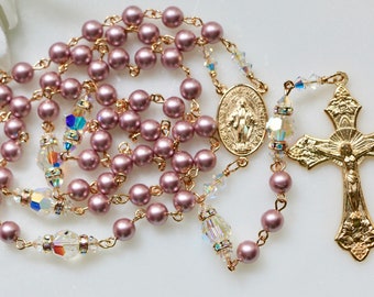 Catholic Swarovski Crystal Powder Rose Pearl Rosary in Gold