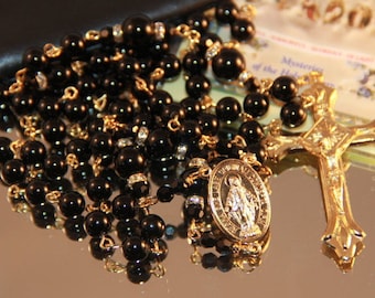 Catholic Black Onyx Rosary in Gold