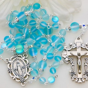 Catholic LARGE bead Aqua Mystic Quartz Rosary in Silver