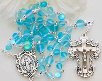 Catholic Aqua Mystic Quartz Rosary in Silver