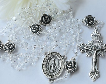 Catholic LARGE BEAD Swarovski Clear Crystal and Sterling Silver Rose Rosary