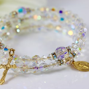 Wrap Rosary Bracelet in Swarovski AB Crystal and Gold