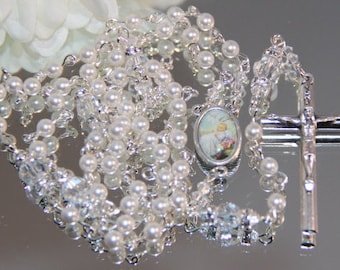 Catholic SMALL Bead Baptism Rosary in White Swarovski Pearl and Crystal
