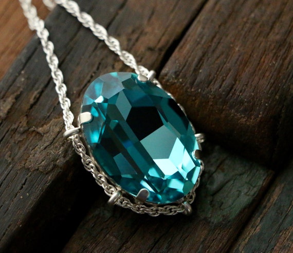 Swarovski Light Turquoise Crystal Cradle Pendant in Sterling - Etsy