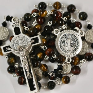 Catholic Grade AAA Multi Color Tiger Eye St Benedict Rosary in Silver