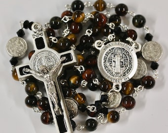 Catholic Grade AAA Multi Color Tiger Eye St Benedict Rosary in Silver