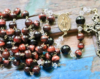 Catholic LARGE BEAD Mahogany Red Grade AAA Tiger Eye Rosary in Bronze