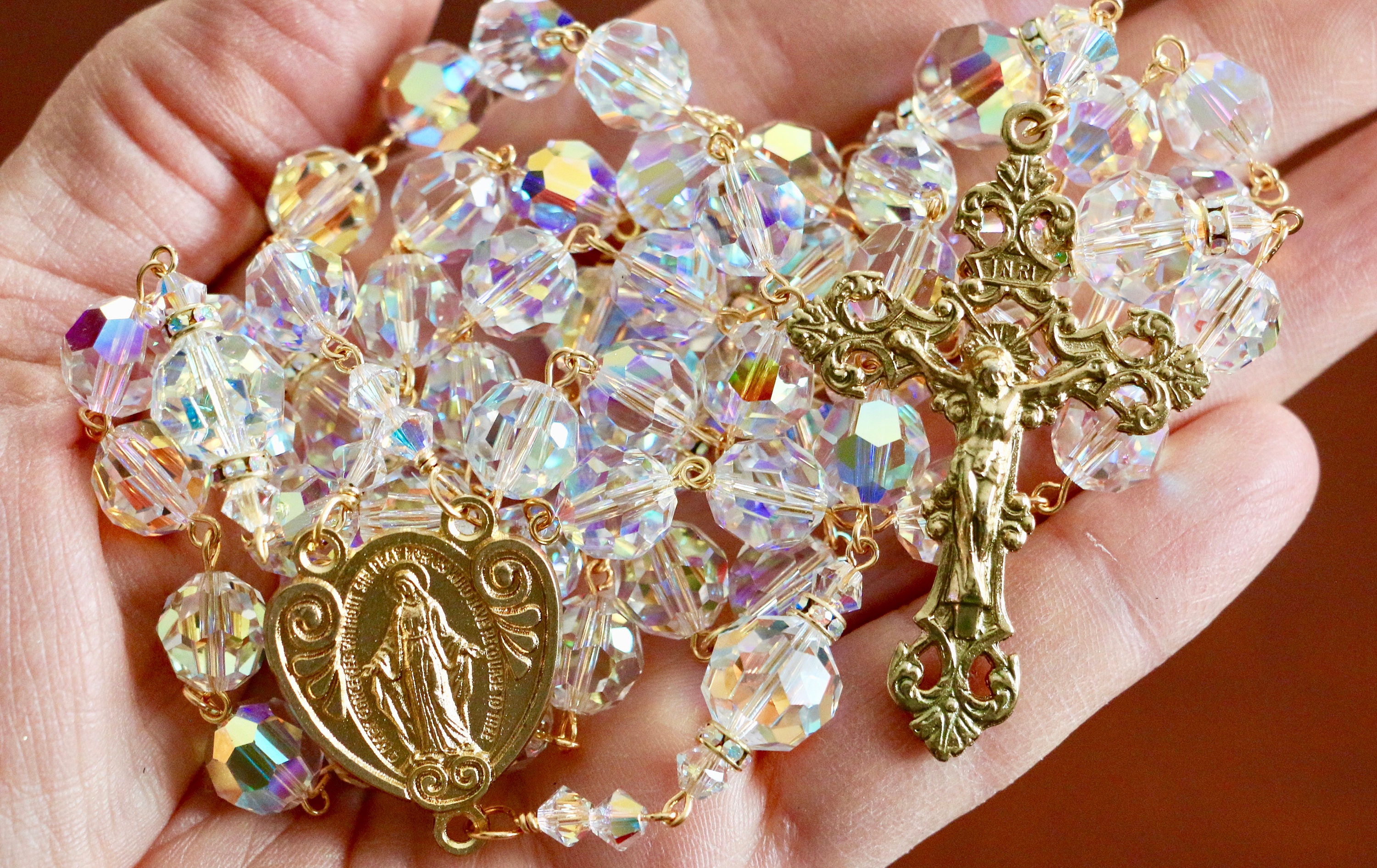 Rosary Beads, Ornate Crucifix, Blessed Mother Centerpiece, 5MM Swarovski  Crystal Beads