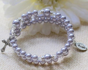 Wrap Rosary Bracelet in Lavender Pearls and Silver