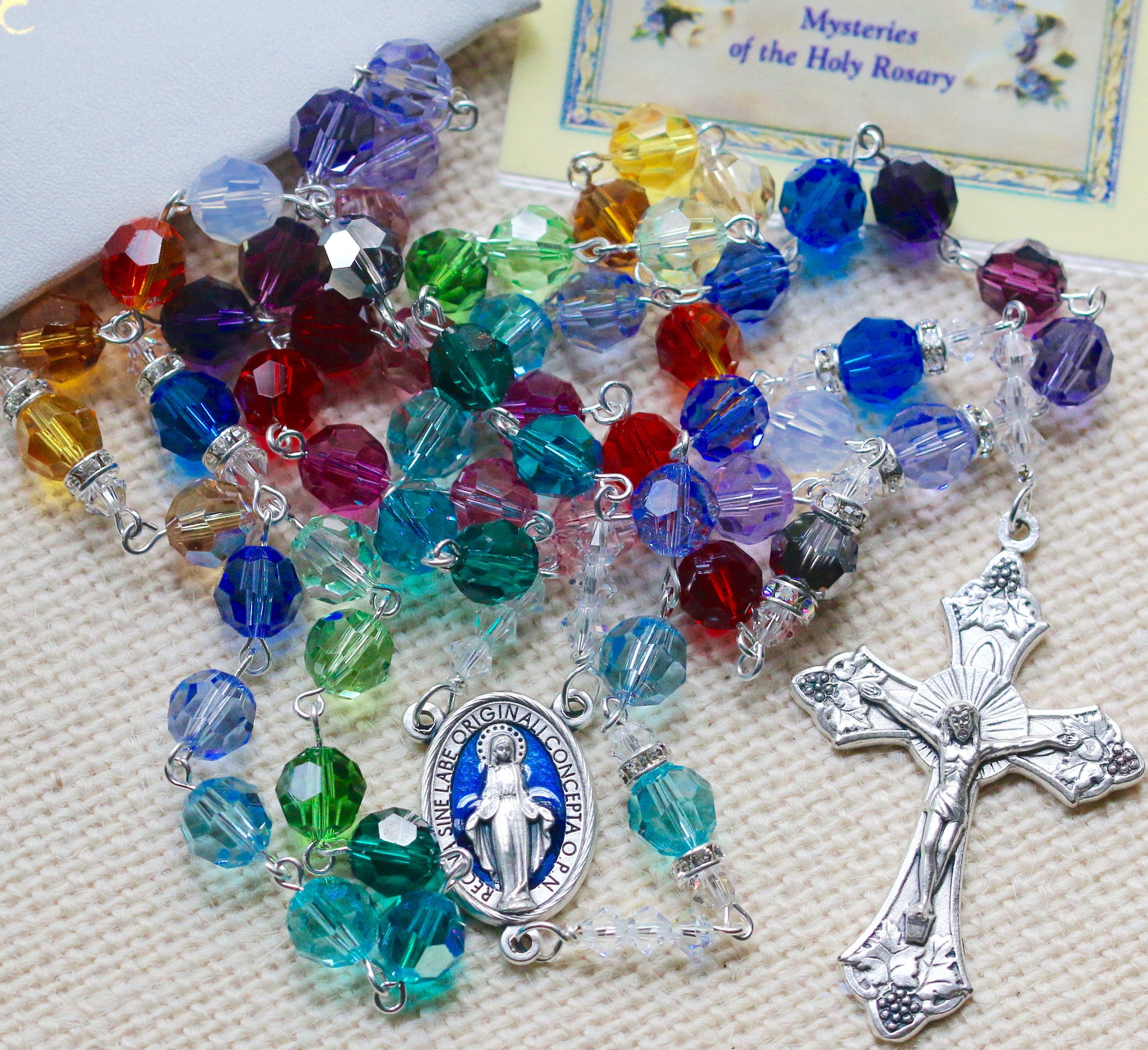 Catholic LARGE BEAD Swarovski Rainbow Pattern Rosary