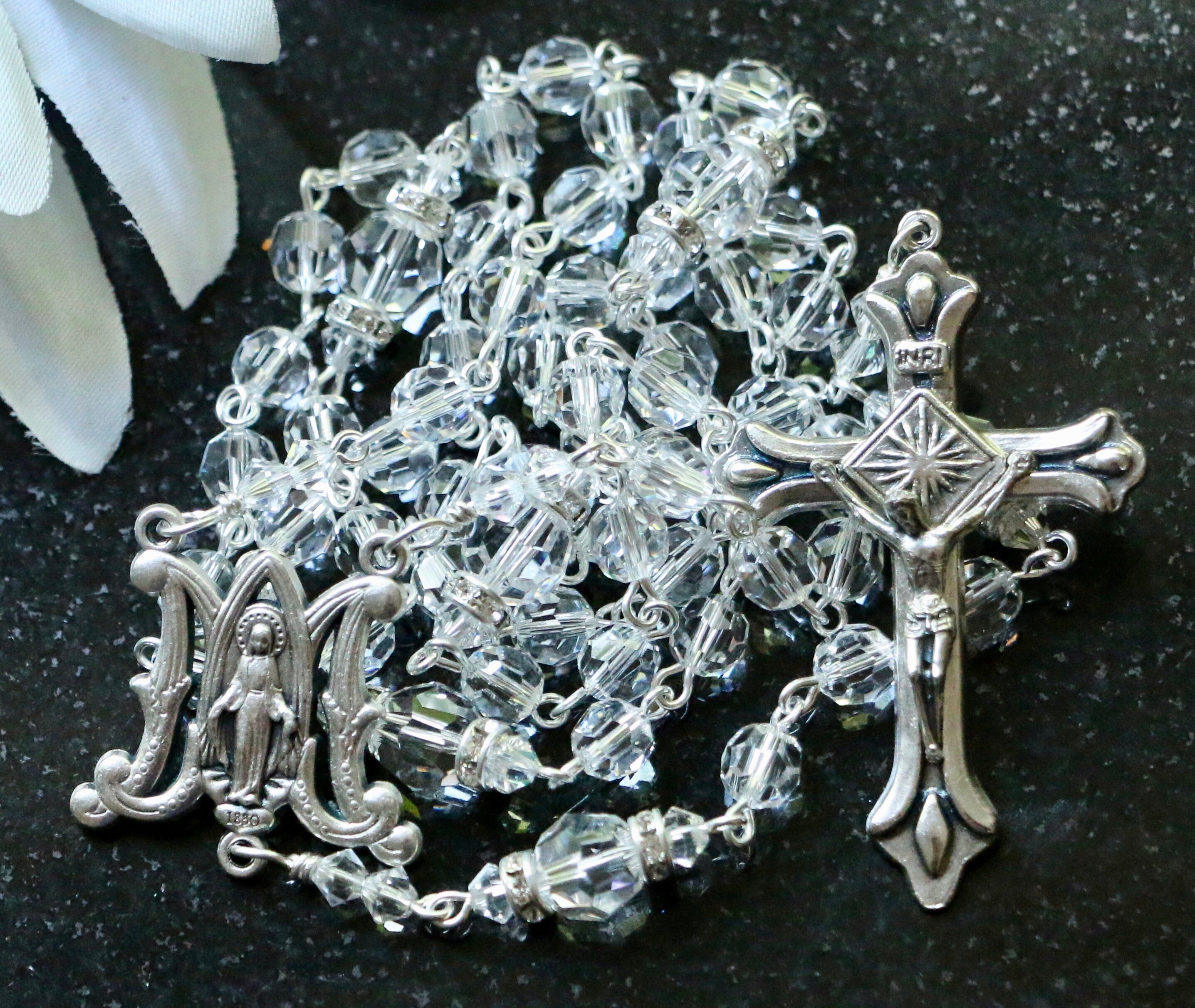 Rosary Beads, Ornate Crucifix, Blessed Mother Centerpiece, 5MM Swarovski  Crystal Beads