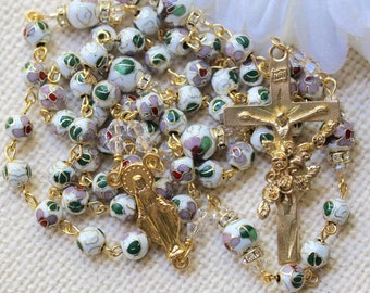 Catholic White Cloisonné and Swarovski Crystal Rosary in Gold