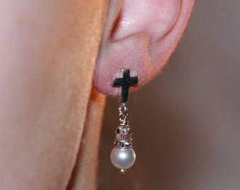 Sterling Silver Cross with Swarovski Pearl and Crystal Earrings