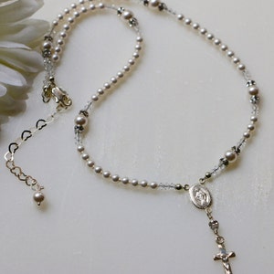 Swarovski White Pearl Catholic Rosary Necklace in Sterling Silver