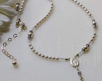 Swarovski White Pearl Catholic Rosary Necklace in Sterling Silver