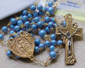 Swarovski Iridescent Light Blue Pearls and Gold Rosary