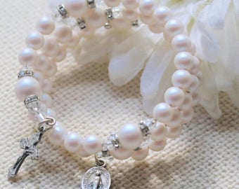 Wrap Rosary Bracelet in Pearlescent White Pearls and Silver