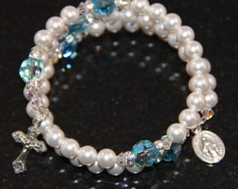 Catholic Swarovski Crystal and Pearl Wrap Rosary Bracelet