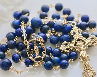 Catholic LARGE BEAD Lapis Rosary in Gold