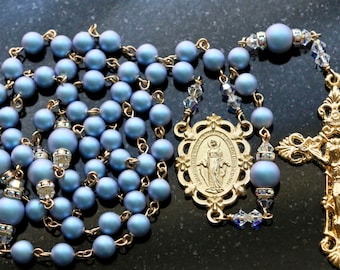 Catholic Swarovski Iridescent Light Blue Crystal Pearl Rosary in Gold