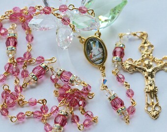 Swarovski  SMALL Bead Pink and Gold Guardian Angel Rosary in Gold