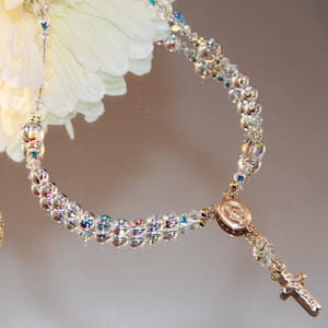Catholic Rosary Necklace in Swarovski AB Globe and 14K Gold