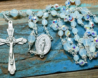 Catholic Swarovski Crystal White Opal Rosary