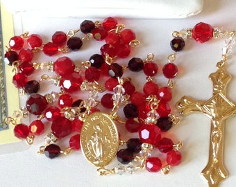 Catholic Swarovski Crystal Gold Rosary in Reds