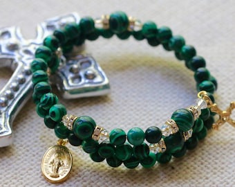 Malachite Catholic Wrap Rosary Bracelet in Gold