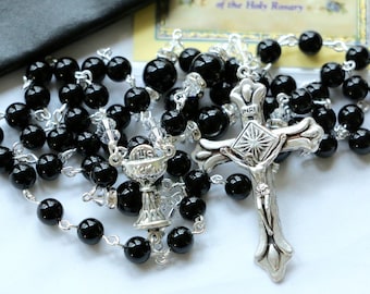 Catholic First Holy Communion Black Onyx Rosary Beads