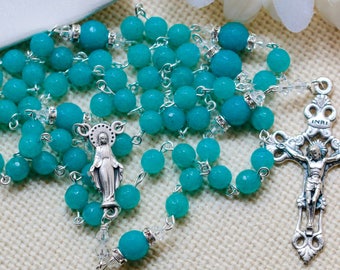 Catholic Aqua Jade Rosary in Silver