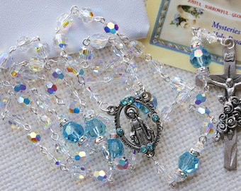 Catholic Swarovski AB Crystal and Aquamarine Rosary