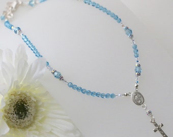 Swarovski Aquamarine Crystal Catholic Rosary Necklace